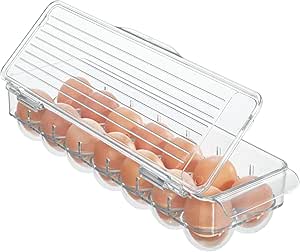 iDesign Recycled Plastic Egg Holder Fridge Organizer with Hinged Lid and Handles – 4.82” x 14.5” x 2.95”, Clear Bin