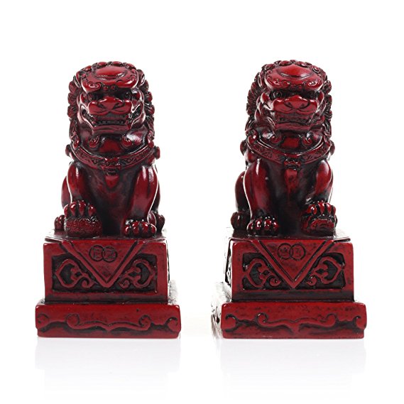 KLOUD City Pack of 2 Red Wooden Small Size Lions, Wooden Lion Statue for Home Decorations