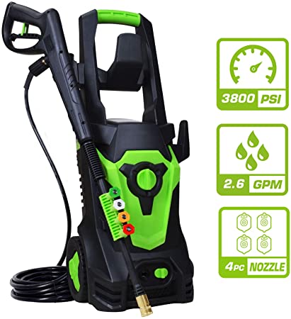 PowRyte Elite 1800Watt 15A Electric Pressure Washer, Electric Power Cleaner with 4 Quick-Connect Spray Tips,Garden Washer with Thermal Protector:3800 PSI 2.60 GPM-Green