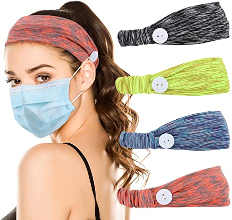 MoKo Headband with Buttons for Mask 4 Pack, Stretchy Moisture Wicking Hairband Makeup Yoga Spa Headband Workout Sweatband Sports Headband for Men Women for Washing Face, Cycling, Basketball, Running