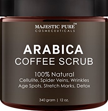 Arabica Coffee Scrub From Majestic Pure Helps Reduce Cellulite, Wrinkles, Stretch Marks, Spider Veins, Acne & Age Spots, 100% Natural Treatment & Care, Skin Detox, 12 Oz, Try Risk Free Today!