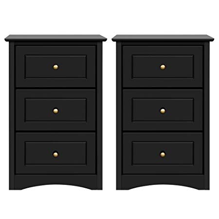 Yaheetech Tall Bedside Table Nightstand End Sofa Table with 3 Drawers - Storage Cabinet Bedroom, Set of 2, Black