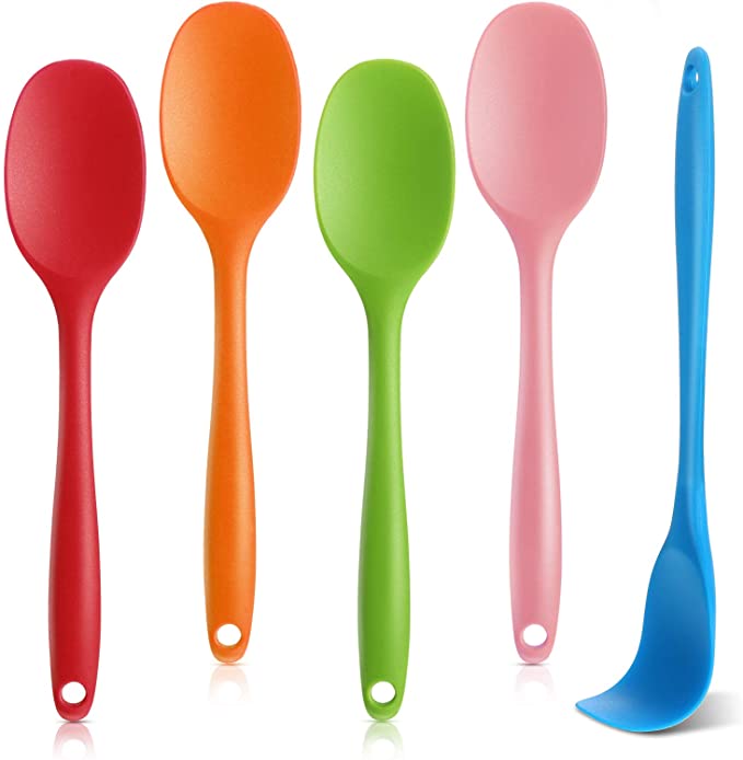 5 Pieces Silicone Mixing Spoon Stirring Spoon Nonstick Utensil Spoons One Piece Design Silicone Serving Spoon for Kitchen (Red, Green, Blue, Pink, Orange)