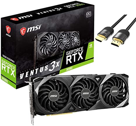 MSI Ventus 3X GeForce RTX 3080 OC Graphics Card, 10GB GDRR6X, VR Ready, Ray Tracing, Nvlink Torx Fan 3 Ampere Architecture, 3X DisplayPort, 1x HDMI 2.1 8K w/ Mytrix HDMI 2.1 Cable