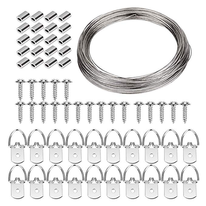 KINBOM Picture Frame Hanging Wire 20 Pcs D-Ring Picture Hangers with Screws, 20 Pcs Aluminum Crimping Loop Sleeve, 1 Pcs Picture Hanging Wire Supports up to 33 lbs (0.8 mm x 100 Feet)