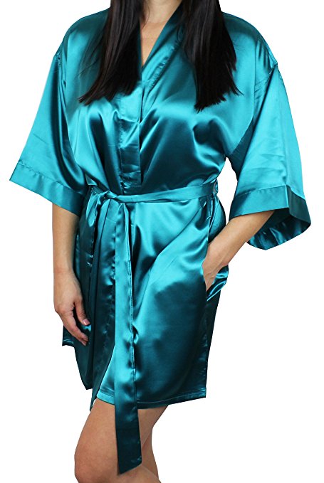 Women's Satin Kimono Bridesmaid Short Robe With Pockets - Silky Feel Modern Cut