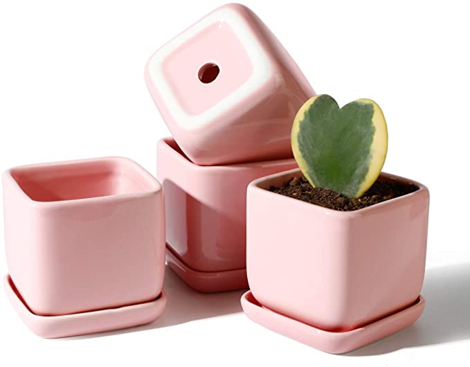 POTEY 051107 Square Succulent Plant Pot - 3.5 Inch Pink Ceramic Small Planters for Cactus Succulent with Drainage Hole & Saucer, Set of 4