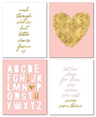 8" x10" Gold Heart Nursery Prints for Baby Girl & Children Room Decor & Decorations Perfect for Baby Shower Gift Ideas