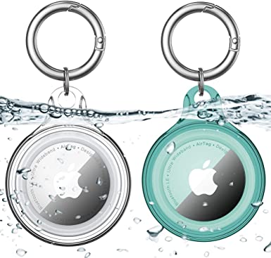 COOLQO 2 Pack IPX8 Waterproof AirTag Holder Keychain [Mil-Grade Protection] Hard PC Case Cover for Apple Air Tag, Anti-Scratch, Shockproof Tracker for Kids, Luggage, Key, Dog Collar (Clear Green)