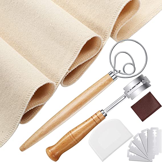 Danish Dough Whisk Bread Making Tools with Plastic Dough Scraper Bread Proofing Cloth Scoring Lame Bread Slashing Tool and 5 Replacement Blades for Cake Dessert Pizza Pastry Kitchen Accessories