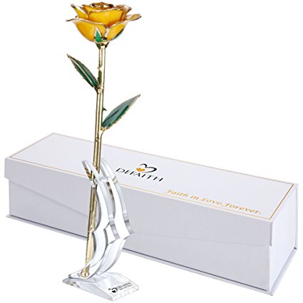 Yellow Gold Rose, DEFAITH 24K Gold Trimmed Long Stem Real Rose with Moon-shape Stand. Last a Lifetime. Best Anniversary Gift