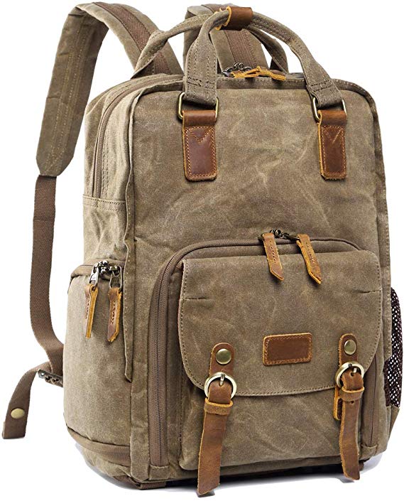 S-ZONE Waterproof Canvas Camera Backpack Bag Men Women 14 inch Laptop Tripod