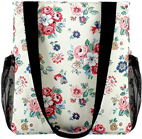 Floral Tote Bags, Water Resistant Shoulder Bag with Top Zipper Closure Fashion Handbag for Beach Swimming Shopping School Yoga Travel Hiking (the paradise of flowers)