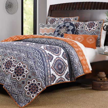Boho Chic Moroccan Paisley Pattern Grey Orange Cotton 3 Piece Full/Queen Size Quilt Bedding Set