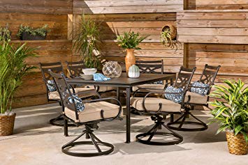 Hanover Patio Montclair 7-Piece Dining Set in Country Cork with 6 Swivel Rockers, MCLRDN7PCSQSW6-TAN Outdoor Furniture, Tan