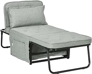 HOMCOM Fauteuil chauffeuse Convertible 4 en 1 Dossier inclinable 5 Position avec Coussin et Pochette Rangement - 180 x 64 x 40 cm - Gris Clair