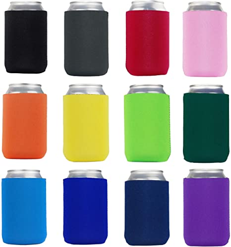 Beer Can Cooler Insulated Neoprene Sleeve Bottle Covers for Beer and Soda, Great For Monograms, DIY Projects, Weddings, Parties, Events (Assorted 12 Colors, 12 Pack)
