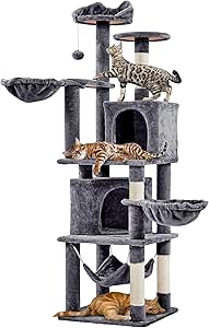 Yaheetech Arbre à Chat Géant Hauteur 175 cm avec 2 Plate-Formes Perchés 2 Paniers 2 Condos en Peluche Cordes en Sisal Gris Foncé