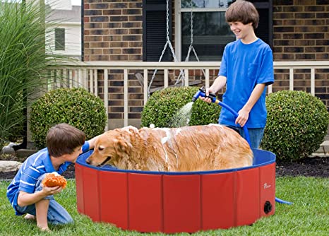 Pidsen Foldable Dogs Cats Padding Pool Pet Bathing Tub Bathtub Wash Tub Pet Swimming Pool Water Pond (Red 39in(Dia) x 11in(H))