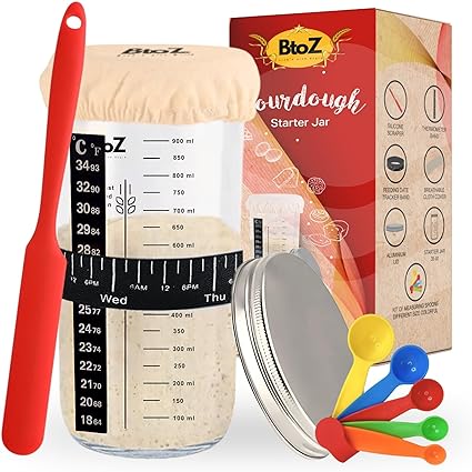BtoZ Sourdough Starter Kit: Essential Tools and Accessories for Home Baking - Includes Sourdough Starter Jar, and All the Stuff for Good Culture for Fresh Bakery - 35 Ounces Jar.