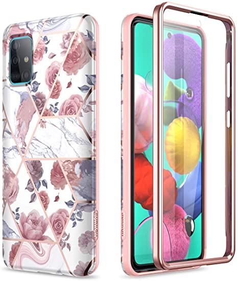 SURITCH for Samsung Galaxy A51 Marble Case, [Built-in Screen Protector] Natural Marble Full-Body Protection Shockproof Rugged Bumper Protective Cover for Galaxy A51 (Rose Marble)