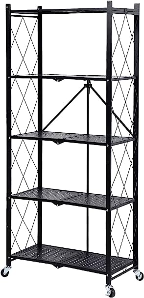 MagicFox Foldable Storage Shelf Unit on Wheels Large Capacity (No Assembly) Heavy Duty Steel 5-Shelving Organizer Rack for Kitchen, Garage and Laundry Bathroom Tool Organization