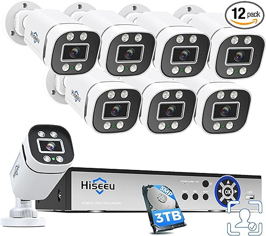 [3TB HDD Person/Vehicle Detection] Hiseeu 5MP Security Camera System 8ch Wired Home Security Camera 8pcs Outdoor Security Cameras with Indoor H. 265  DVR for Free Remote Mobile/PC 7/24 Recording