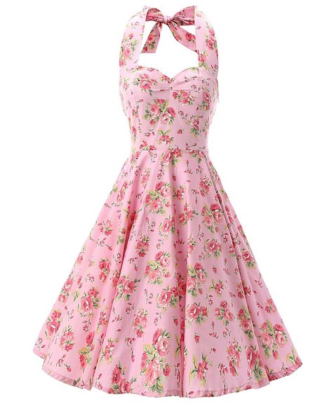 Ensnovo Womens Vintage 1950s Halter Floral Spring Garden Party Picnic Dress