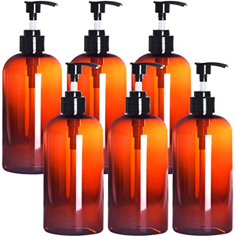 Youngever 6 Pack Amber Plastic Pump Bottles, Refillable Plastic Pump Bottles for Dispensing Lotions, Shampoos, Hand Sanitizer and More (12 Ounce)