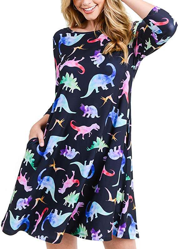 Women’s Printed Crew Neck A-Line Dresses with Pockets Casual Tropical Floral Novelty Animal Christmas Patterns