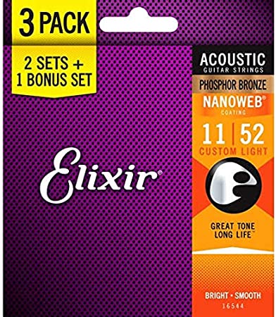 Elixir Strings 16544 Phosphor Bronze Acoustic Guitar Strings with Nanoweb Coating, Set of 3 Pieces