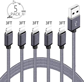 Pal-Xiboe MFi Certified iPhone Charger Lightning Cable 5 Pack [3FT] Nylon Braided USB Charging & Syncing Cord Compatible iPhone Xs/Max/XR/X/8/8Plus/7/7Plus/6S/6S Plus/SE/iPad and New iPhone