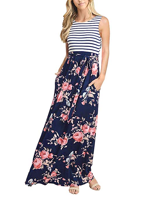 MEROKEETY Women's Striped Floral Print 3/4 Sleeve Tie Waist Maxi Dress with Pockets