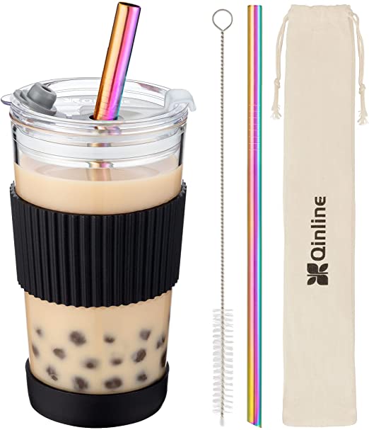 Boba Cup Reusable Bubble Tea Cup Smoothie Cups, 18Oz Glass Boba Tumbler with Lids & 2 Angled Straw, Silicone Sleeve, Leakproof Drinking Bottle Juicing Travel Mug for Large Pearl Coffee Christmas Gifts