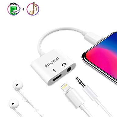 Amorral Headphone Adapter Splitter Compatible i-Phone XS Max/X / 8/8 Plus / 7/7 Plus, 3.5 mm Headphone Jack Splitter, 2 in 1 Audio AUX Music Control Charge Connector