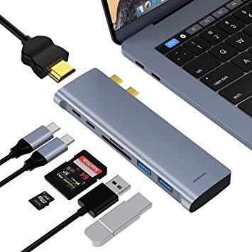 USB C Hub for MacBook Pro,7-in-2 USB C to HDMI 4K Adapter with 1 Thunderbolt3,1 USB-C PD Port, 2 USB3.0 and TF/SD Card Reader for MacBook Pro 2019/2018/2017,MacBook Air 2018