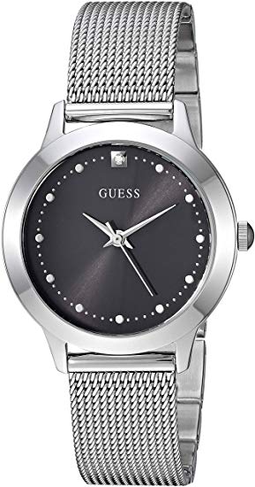 GUESS  Stainless Steel Mesh Bracelet Watch with Black Genuine Diamond Dial. Color: Silver-Tone (Model: U1197L1)