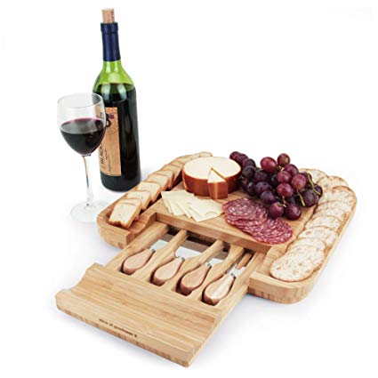 Slice of Goodness Cheese and Charcuterie Bamboo Board with Narrow and Flat Knives, Cheese Fork and Small Spade Inside Drawer