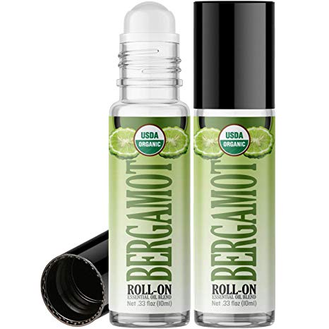 Organic Bergamot Roll On Essential Oil Rollerball (2 Pack - USDA Certified Organic) Pre-diluted with Glass Roller Ball for Aromatherapy, Kids, Children, Adults Topical Skin Application - 10ml Bottle