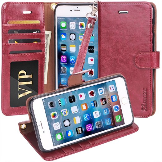 iPhone 7 Plus Case, Moze iPhone 7 Plus Wallet Case [4 Card Slots ] [Wrist Strap] [Stand Feature] PU Leather Flip Wallet Case Cover for iPhone 7 Plus - Wine Red