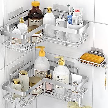 MOFOROCO 3-Pack Silver Shower Caddy Corner Basket Shelf with Soap Holder, No Drilling Traceless Adhesive Shower Wall Shelves, Rustproof Black Bathroom Shower Storage Organizer