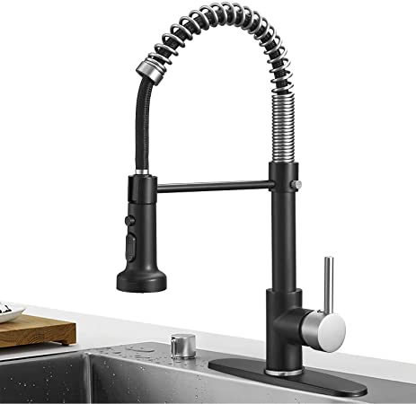 Hoimpro Matte Black&Brushed Nickel Spring Kitchen Faucet with Pull Down Sprayer, Rv Paint Kitchen Sink Faucet with Pull Out Sprayer,3 Function Single Handle Laundry Faucet,Brass(Single or 3 Hole)