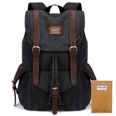 KAUKKO Canvas Lether Backpack Travel Hiking Rucksack Satchel Bookbag Daypack