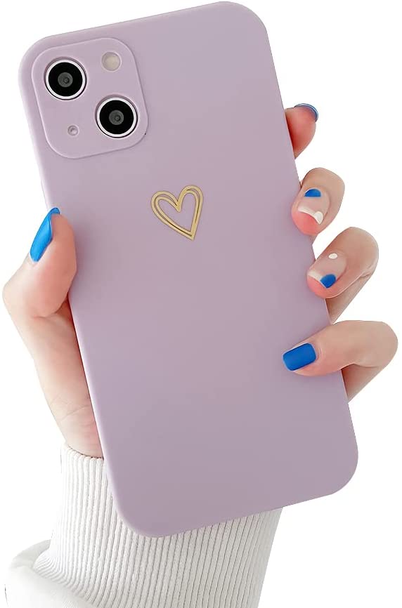 Ownest Compatible with iPhone 13 Case 6.1 Inch [Not Fit 13 Pro] for Soft Rubber Liquid Silicone Gold Heart Pattern Slim Protective Shockproof Case for Women Girls for iPhone 13-Purple