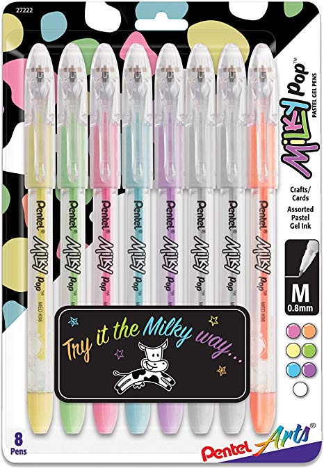 Pentel Arts Milky Pop Pastel Gel Pen, 0.8mm Medium Line, Assorted Colors, Pack of 8 (K98PABP8M)