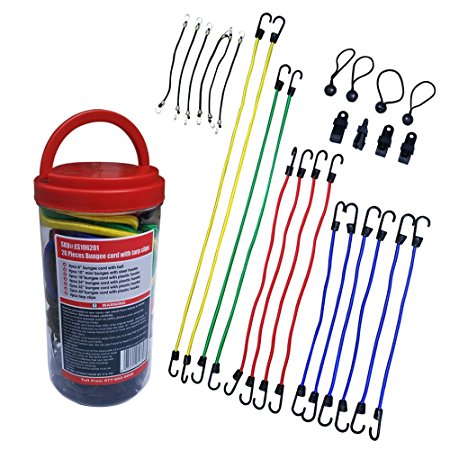 XCAR 28 pcs Bungee Cords Set Assortment In Jar, Heavy Duty Bungee Cord with Hooks-Including 4 Tarp Clips to Secure Cars, ATV, Motorycles, Canopy Ties, Camping Tent