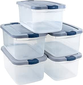 Rubbermaid Roughneck Clear 50 Qt/12 Gal Storage Containers, Pack of 5 with Latching Grey Lids, Visible Base, Sturdy and Stackable, Great for Storage and Organization