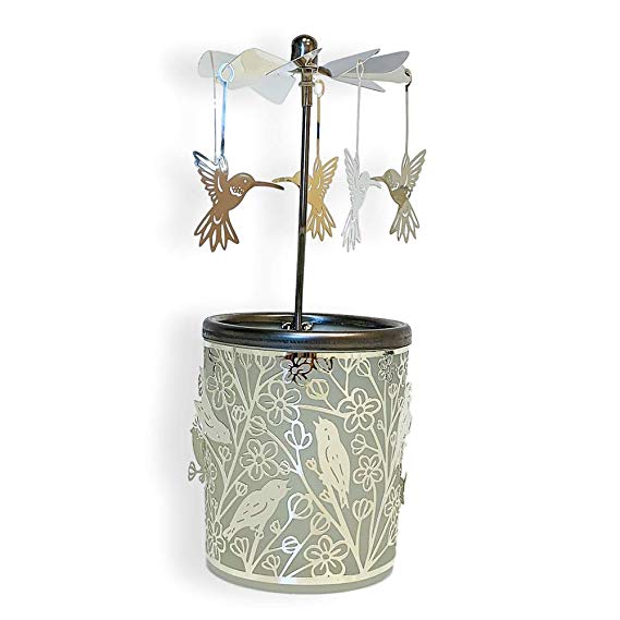 BANBERRY DESIGNS Spinning Hummingbird Candle Holder - Silver Birds Spin Around the Frosted Glass Candle Holder