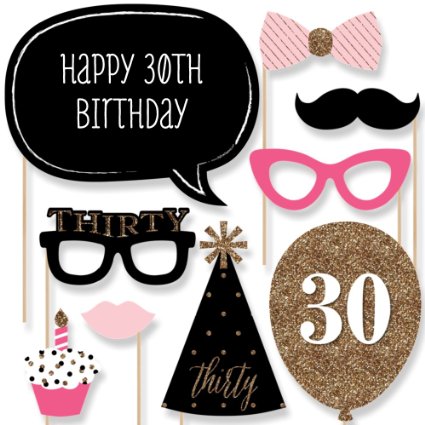 Chic 30th Birthday - Pink, Black and Gold - Birthday Photo Booth Props Kit - 20 Count
