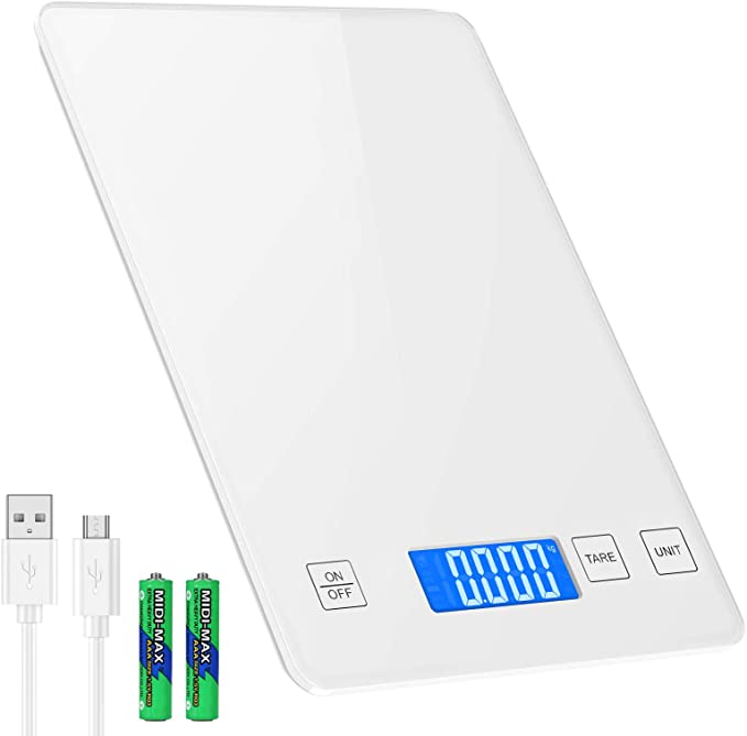 ORIA Kitchen Scale, 15kg/33lb Food Scale Digital Weight Grams and oz, 1g/0.1oz Precise Graduation, with 1 USB Charging Cable, Tempered Glass Platform for Cooking Baking, White